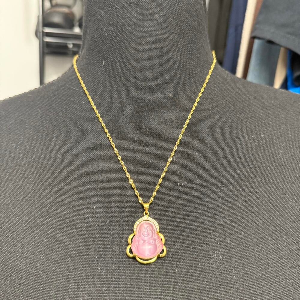 Pink glass buddha pendant necklace